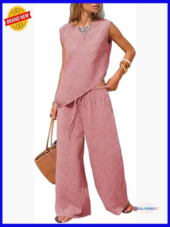 Pants - Women's Cotton Two Piece Set Summer Tank Top Wide Leg Pants Lounge Outfit
